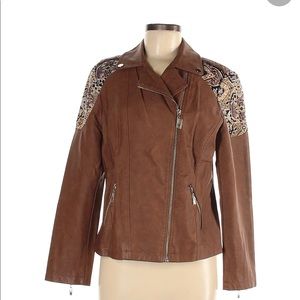 Chicos brown leather cropped western style jacket.